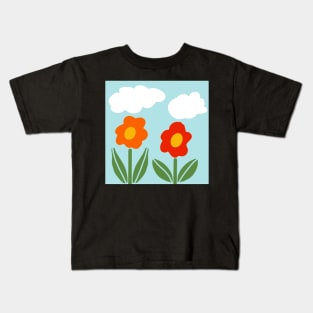 Bold and vibrant minimalist floral and fluffy white clouds Kids T-Shirt